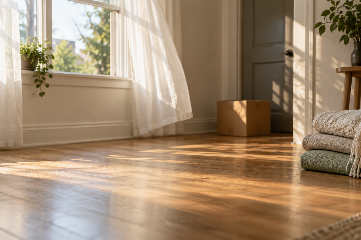 A calm, almost empty room in morning light with a single box by the door